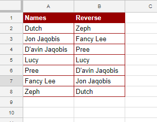 Reverse Rows in Column in Google Sheets