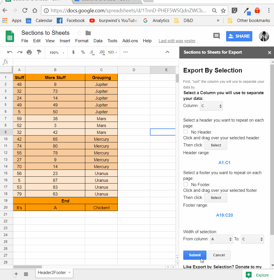 Creating a new Google sheet and putting the data in tabs by selection.