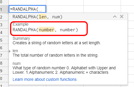 Custom Function Example Text - Google Sheets