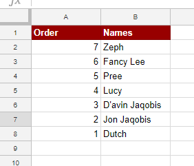 Reversed Row in Column: Google Sheets