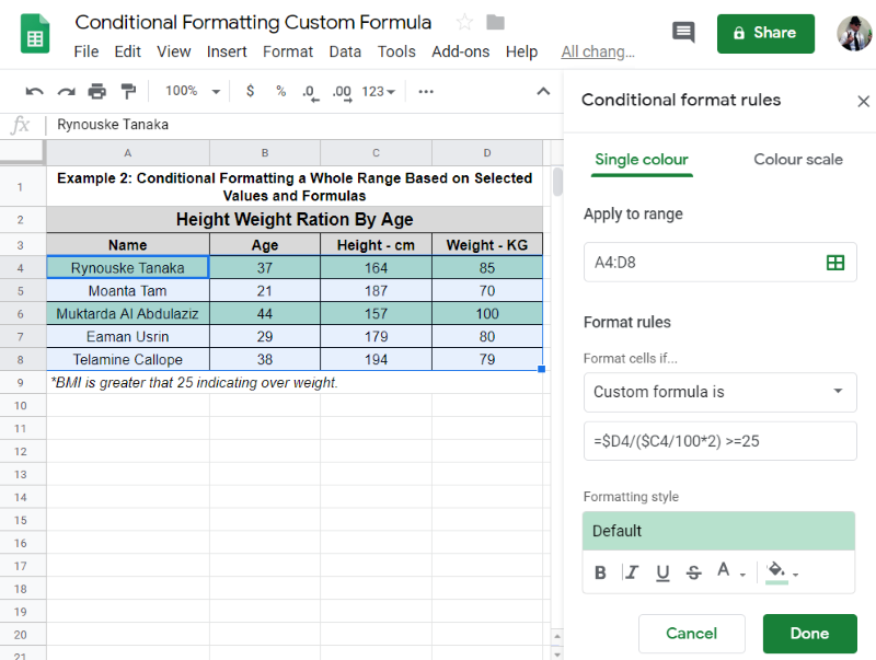Conditional Format Entire Row Google Sheets with formulas