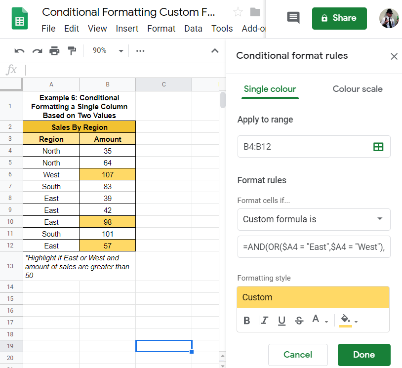 Conditional Format Row Google Sheets based on other column values 2