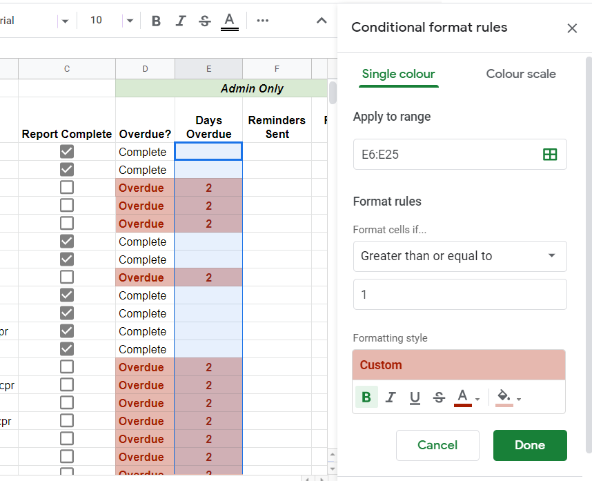 Conditional format for days overdue Google Sheet