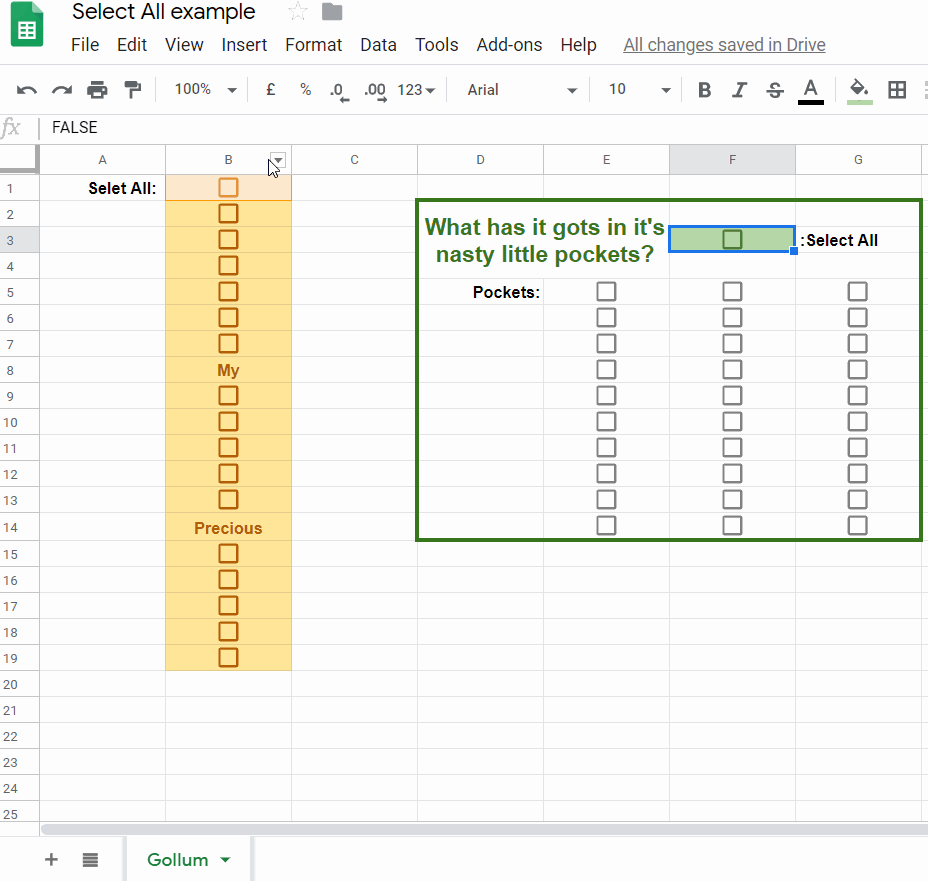 Google Sheets Select All Check Box