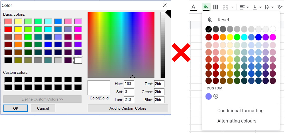 Color input vs google sheet palette colours