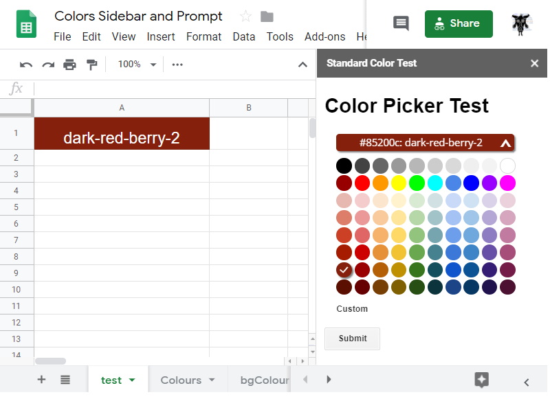 Sidebar color picker example in Google Sheets