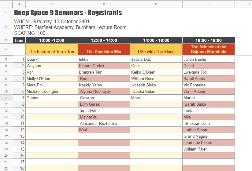 Google Sheets Seat booking names for each seminar