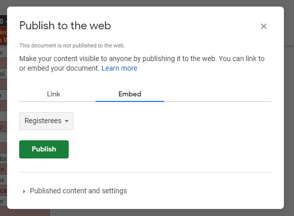 Registeree Google Sheet tab publish to the web