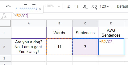 Avg sentences short Google Sheets