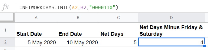 Google Sheets NETWORKDAYS INTL weekend example string