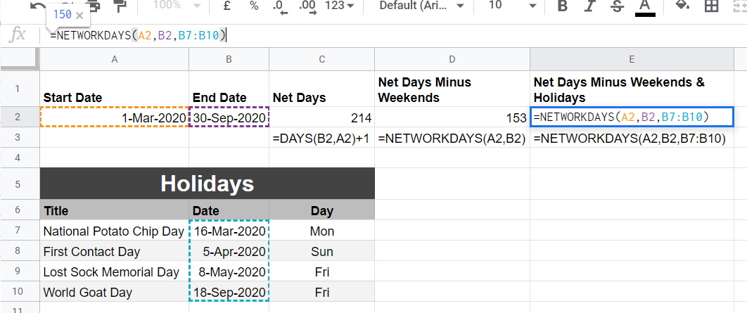 Google sheets NETWORKDAYS minus holidays