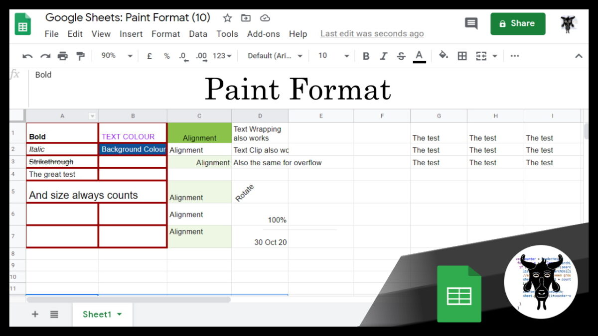 Google Sheets Beginners: Paint Format (10)