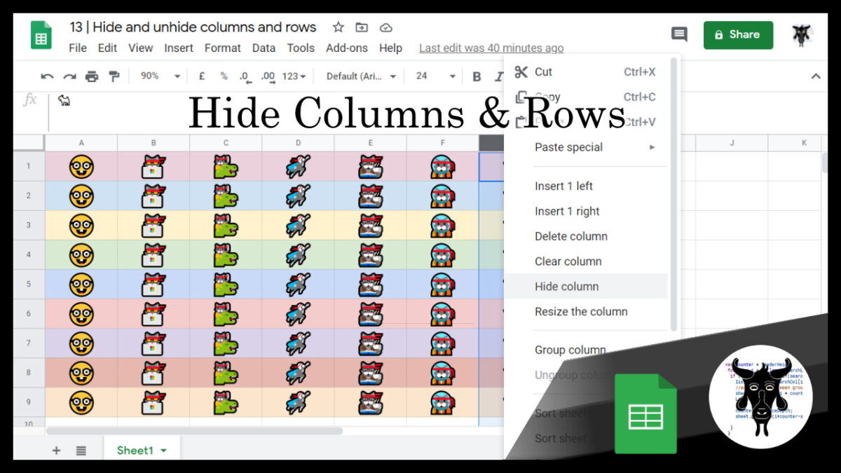 Google Sheets Beginners – Hide and unhide columns and rows(13)