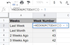 Google Sheets get previous weeks week of year WEEKNUM TODAY