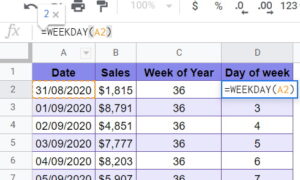 WEEKDAY Google Sheets function sales eg