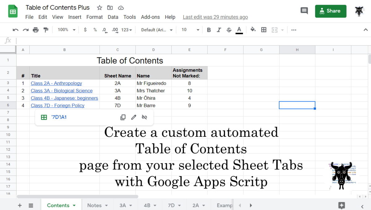 Custom Table of Contents in Google Sheets