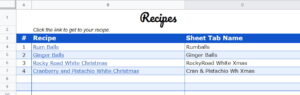 Google Sheets Recipe Template list or recipes