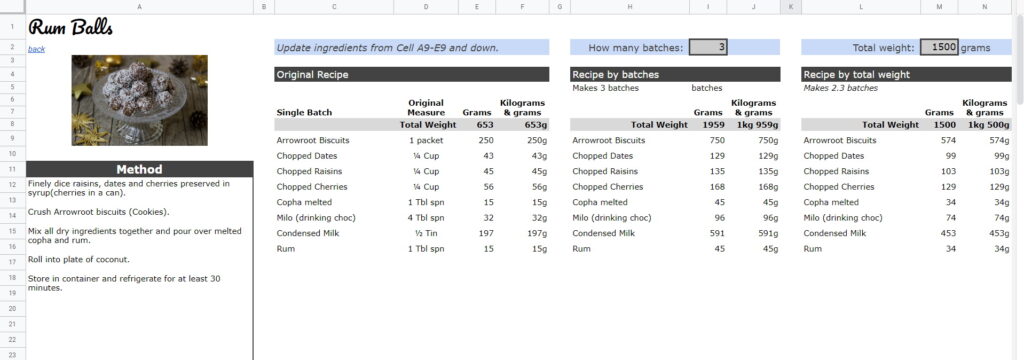 Google Sheets Recipe Template Batch and Weight View