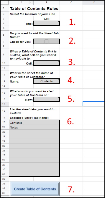 Google Sheets Table of Contents setup page