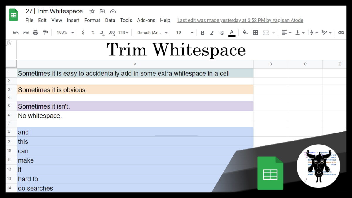 Google Sheets Beginners: Trim Whitespace (27)