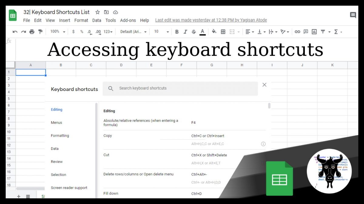 Accessing the keyboard shortcuts in Google Sheets