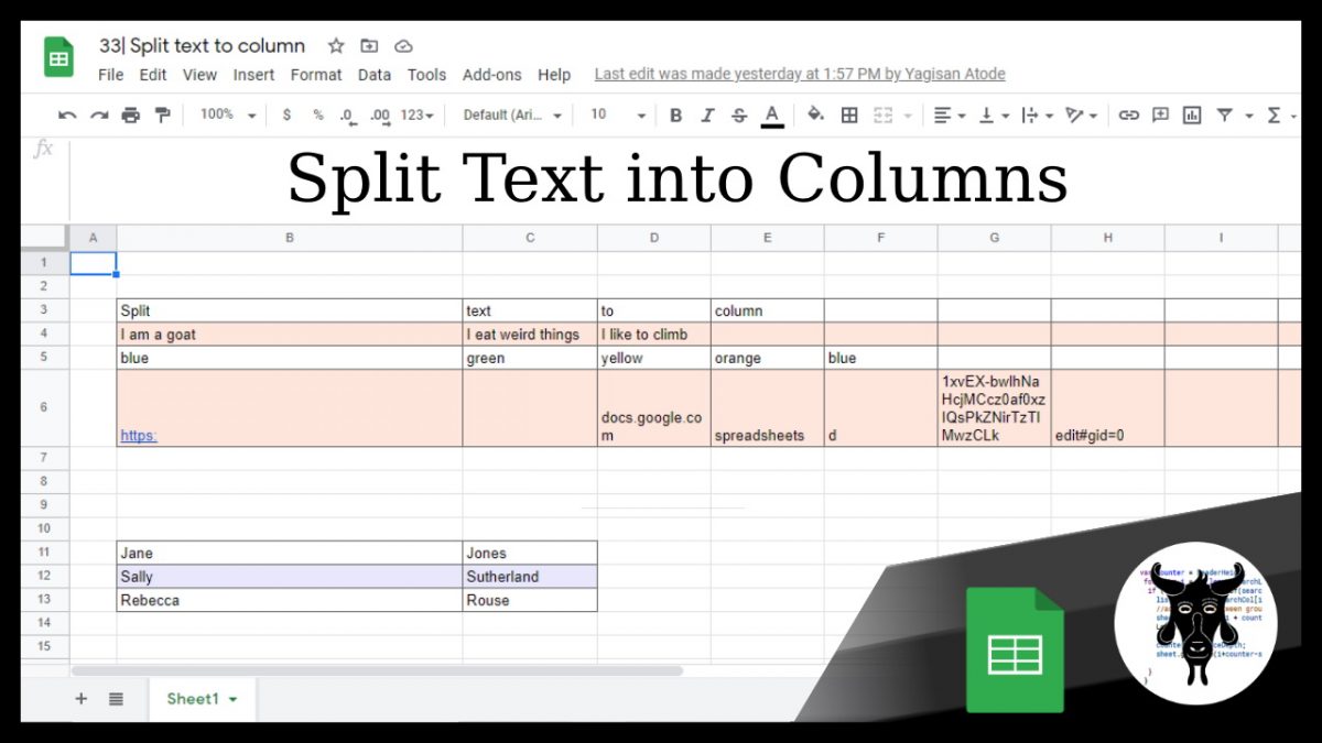 Split Text to columns in Google Sheets