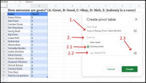 Create a pivot table first popup window for frequency of values as a percentage in Google Sheets