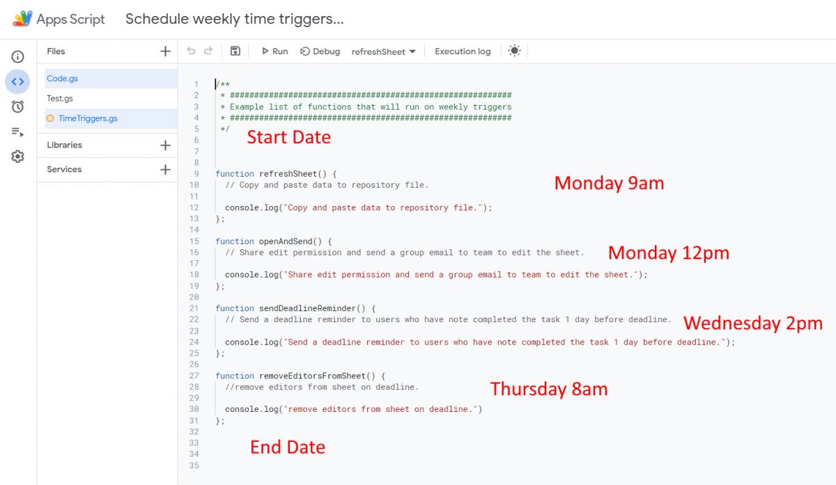 How to programmatically schedule weekly time triggers between two dates in Google Apps Script