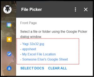 Google Workspace Add-on File Picker Homepage Card with selections