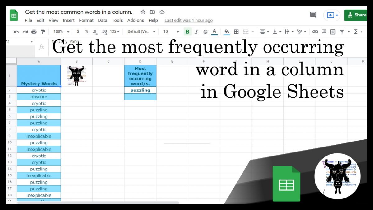 Get the most frequently occurring word in a column with Google Sheets v2