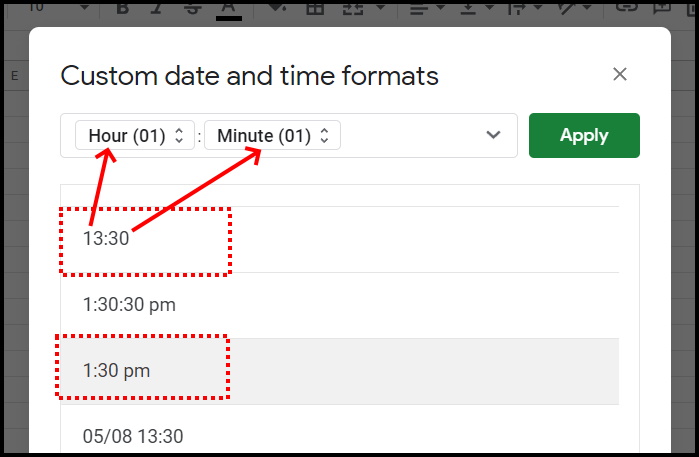 Google Sheets get the duration between two times format custome date and time seletion