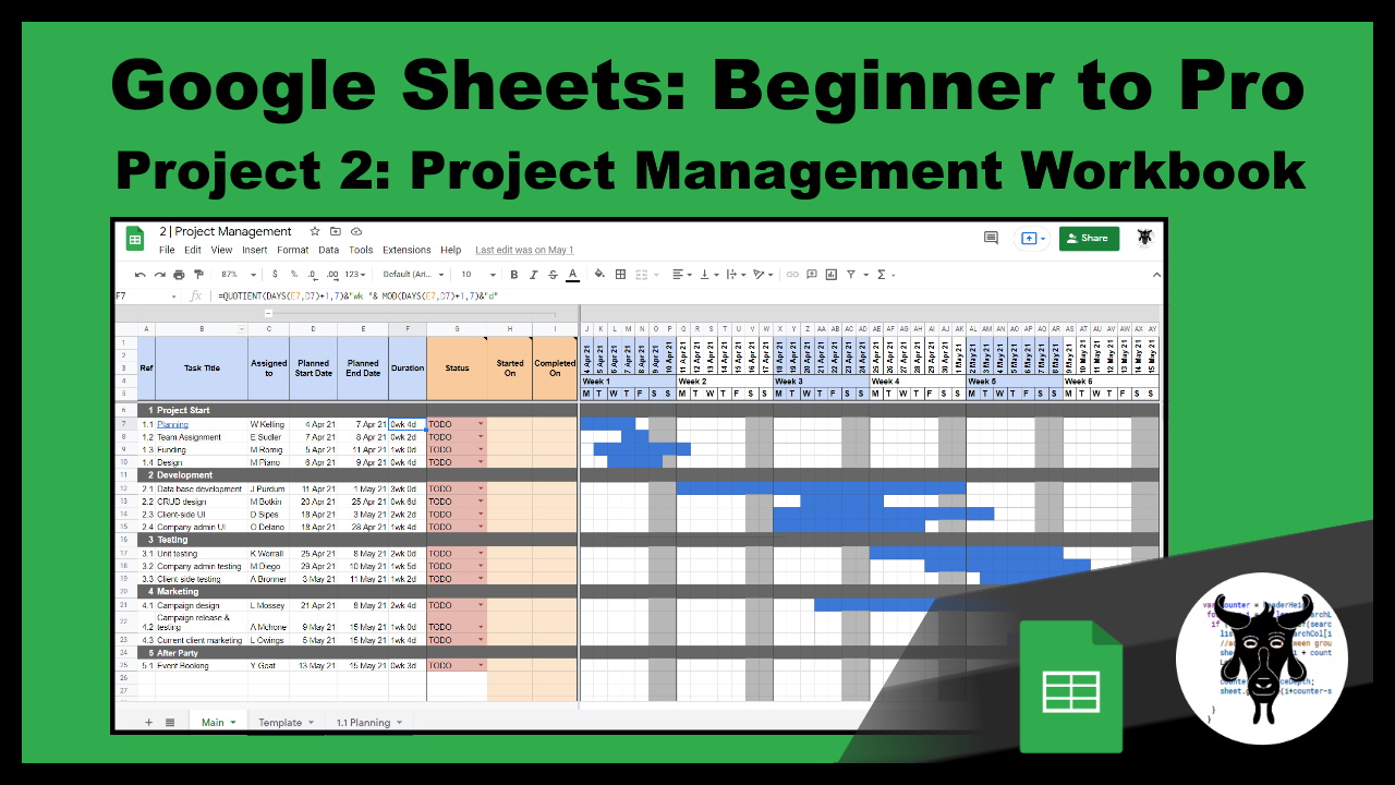 Google Sheets Beginner to Pro | Project 2: Project Management Spreadsheet