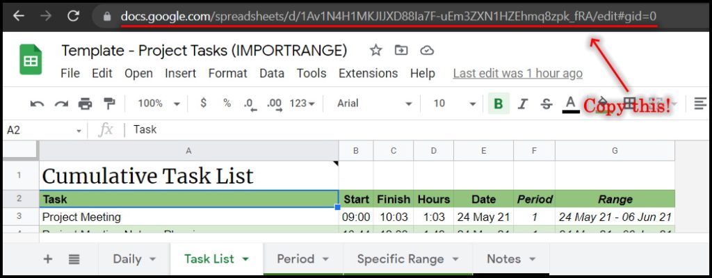 select the URL for IMPORTRANGE in Google Sheets