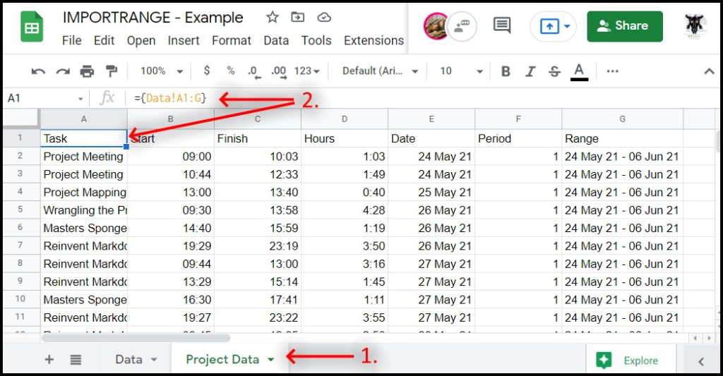 using an array to hide the IMPORTRANGE formula in Google Sheets