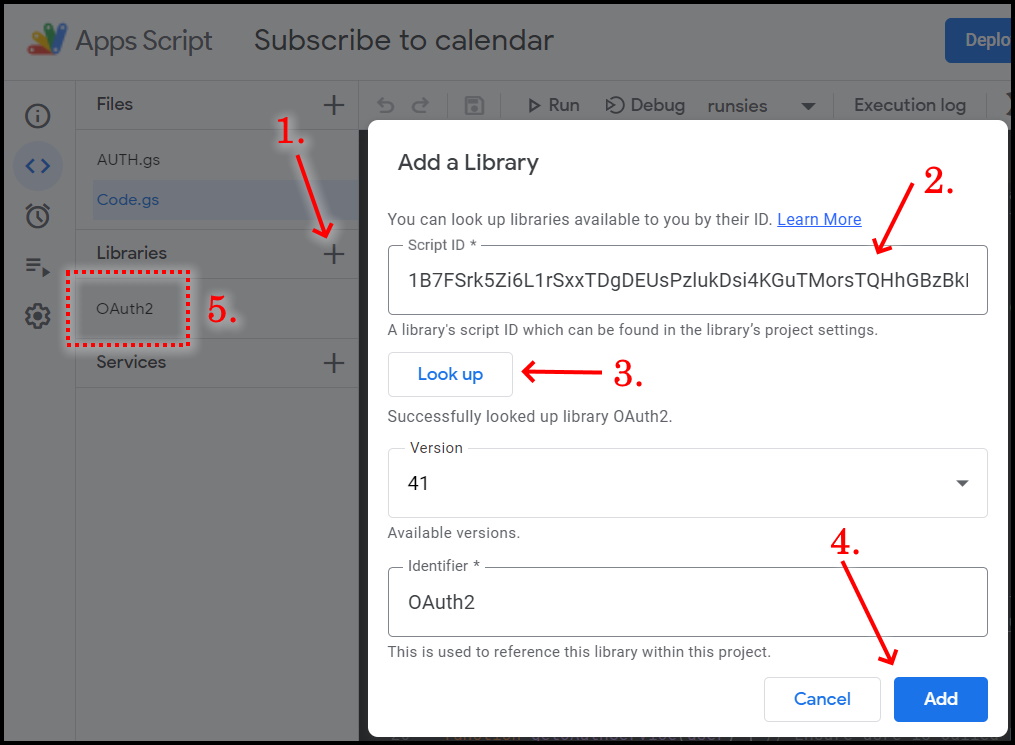 Adding the OAuth2 library to Google Apps Script ID
