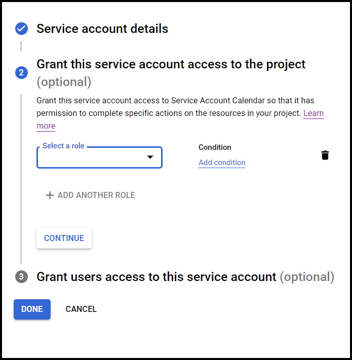 Force Subscribe Users to Calendar_create a service granting access to project