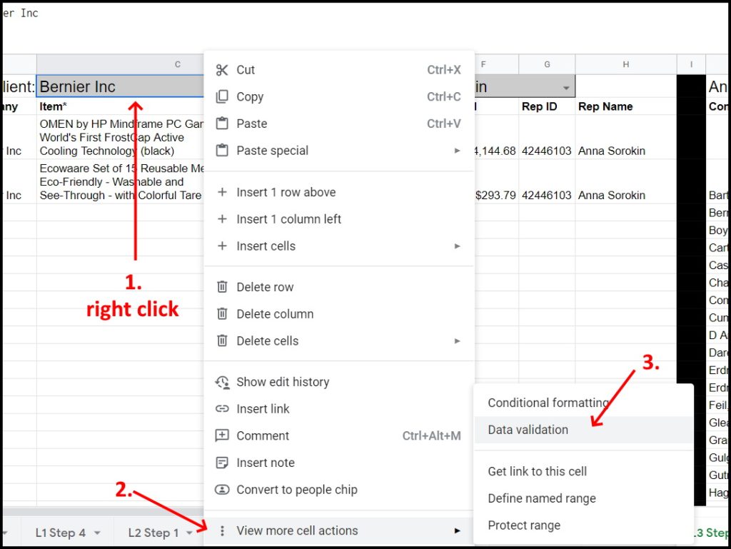 Using QUERY on IMPORTRANGE in Google Sheets_Total sales for any client and rep combination dropdown setup dropdown lists data validation