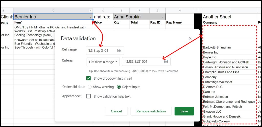 Using QUERY on IMPORTRANGE in Google Sheets_Total sales for any client and rep combination dropdown setup dropdown lists data validation 2