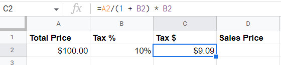 Calculate the tax included in the total value of an item in Google Sheets