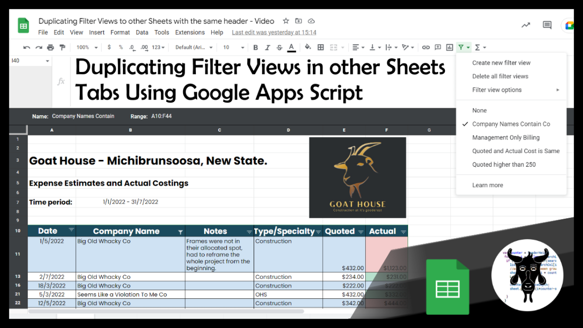Duplicating Sheet Views in other Sheet Tabs using Google Apps Script