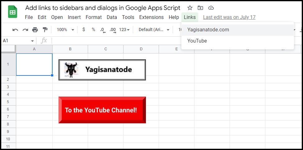 Adding links to buttons drawings and menu items in Google Sheets with Google Apps Script