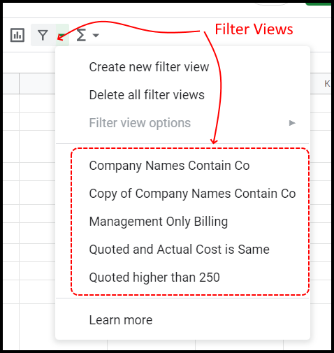 List of filter views in a Google Sheet tab