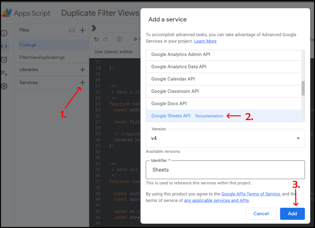 selecting Google Sheets Advance Services in Google Apps Script