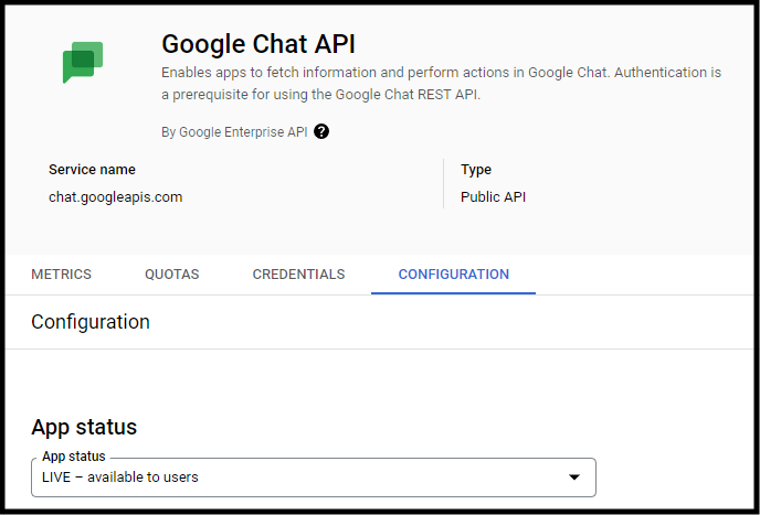 Google Chat App API config 1