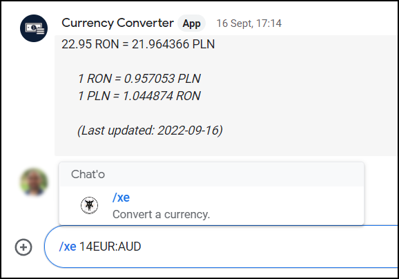 Convert a currency inside a Google Chat Space Example
