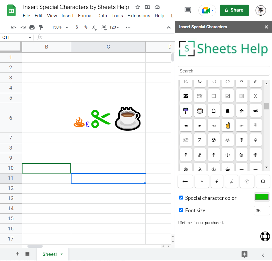 Insert multiple special characters into a single cell in Google Sheet
