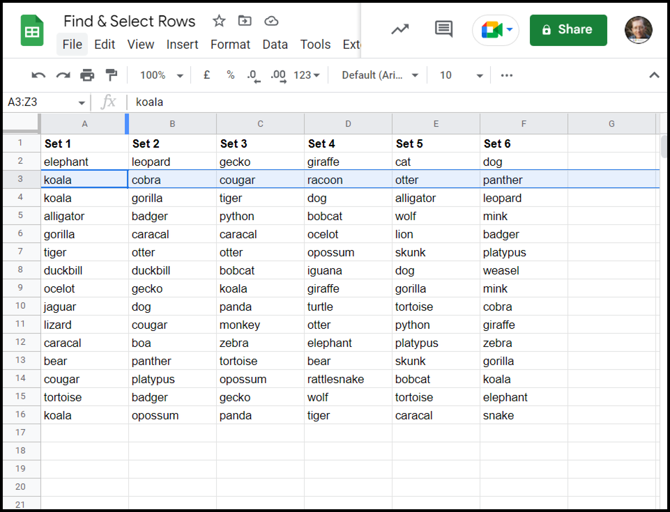 Find and activate first row based on a search value in Google Sheets