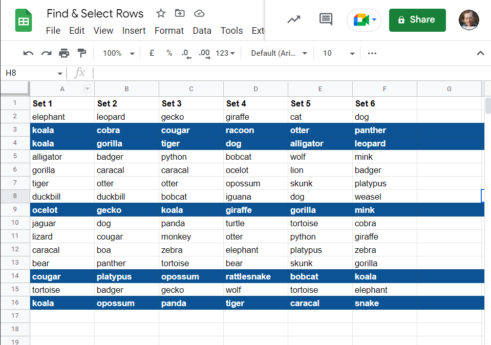Find and format all rows based on a search value in Google Sheets