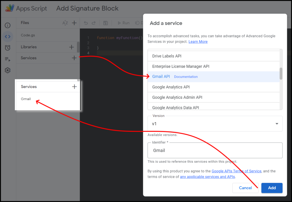 Gmail Advanced Service added to Apps Script IDE