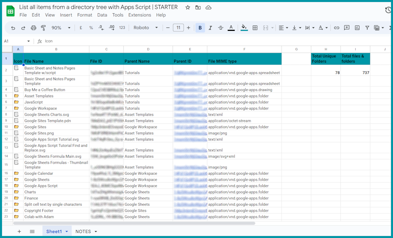 Sample Google Sheet of a list of all items from a directory tree in Google Drive with Apps Script